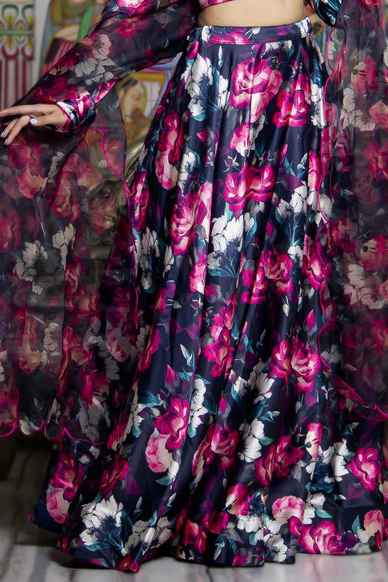 Black Satin Floral Printed Flared Lehenga Set - Image 4