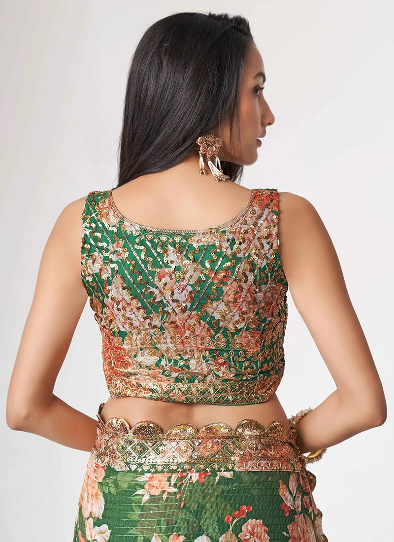 Green Organza Printed N Sequins Work Saree Party Wear - Image 2