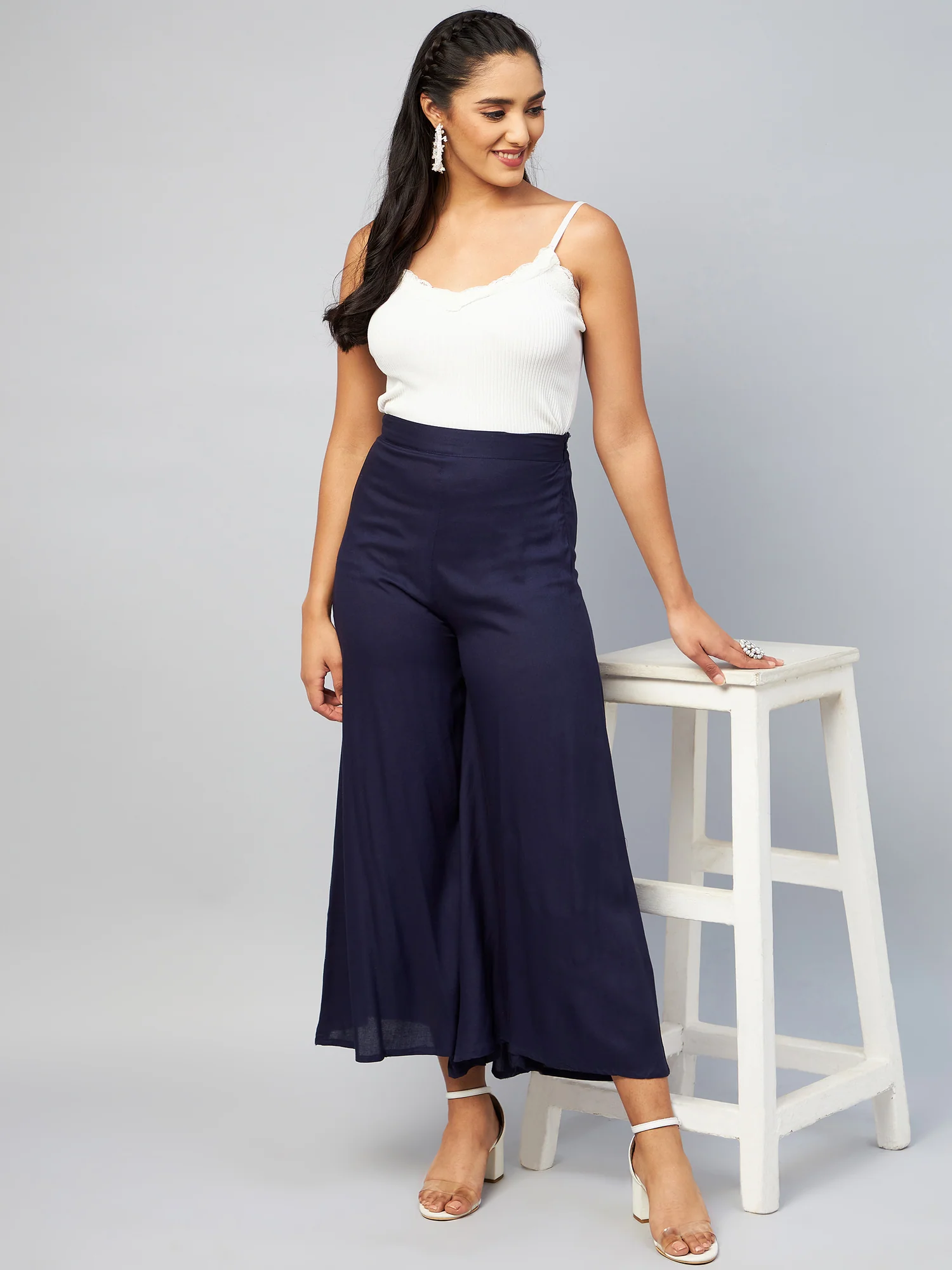 Viscose Rayon Solid Navy Blue Handloom Palazzo