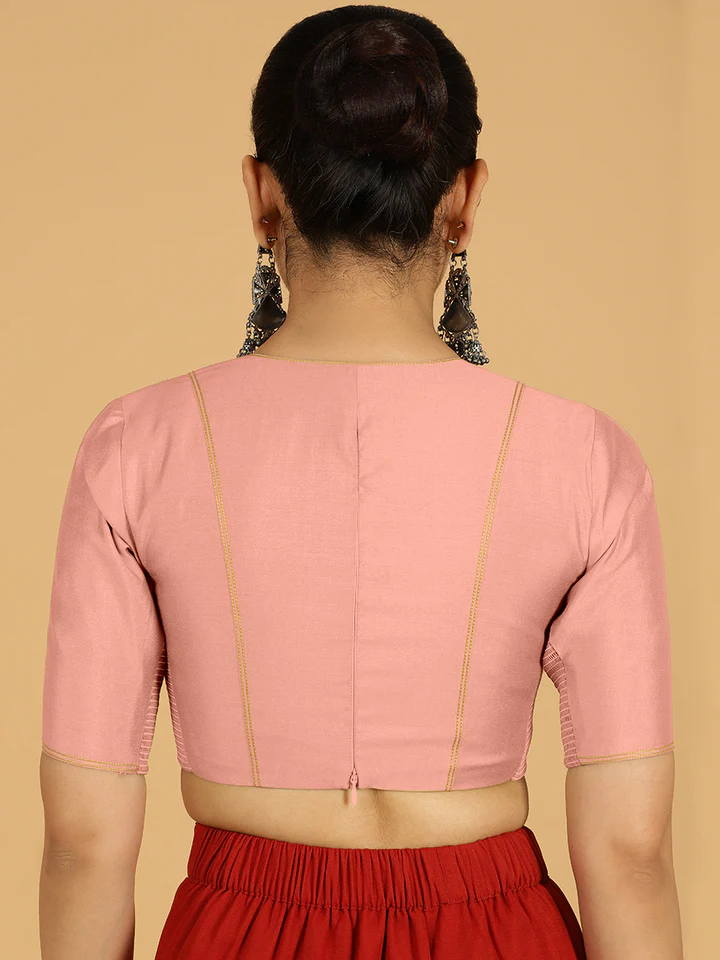 Erum x Rozaana | Elbow Sleeves Saree Blouse in Sea Pink - Image 2