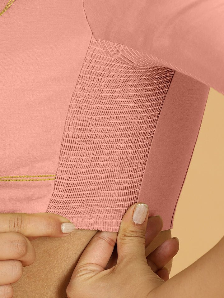 Erum x Rozaana | Elbow Sleeves Saree Blouse in Sea Pink - Image 3